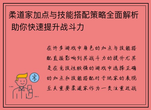 柔道家加点与技能搭配策略全面解析 助你快速提升战斗力